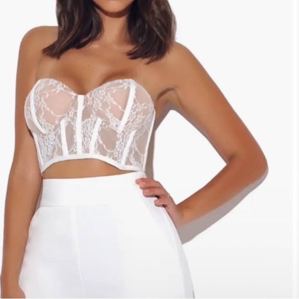 Miss Circle White Lace Bustier Crop Top Tan Nude Corset Fairycore Party Womens L